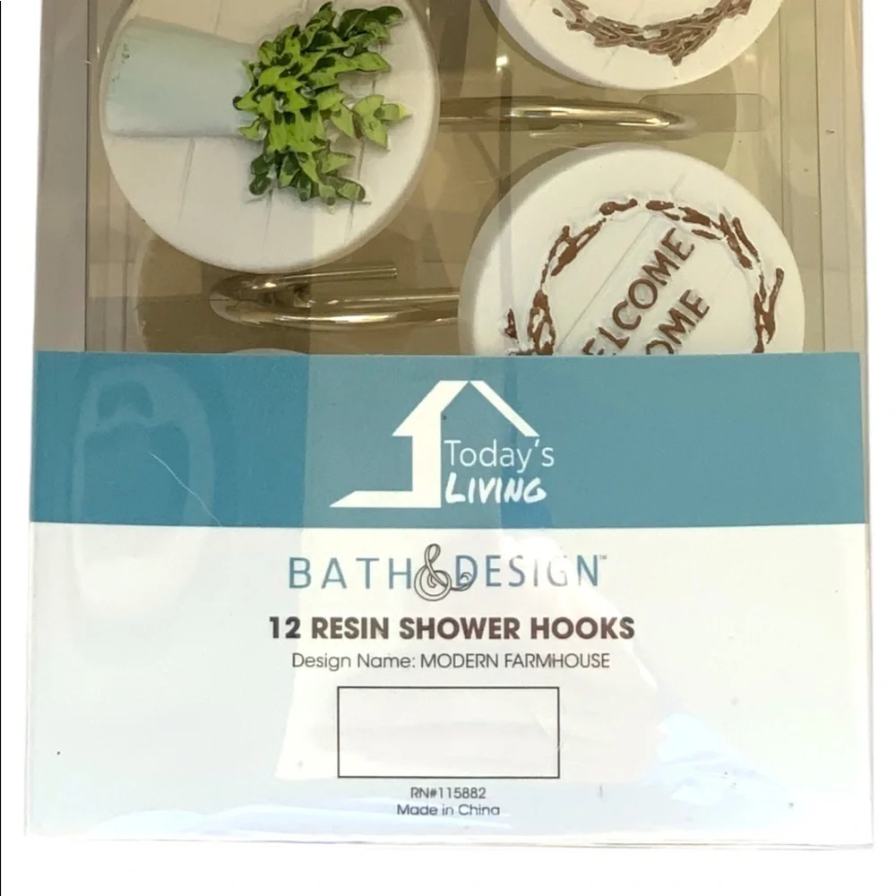 Modern Farmhouse Shower Curtain Hooks Set of 12 Welcome Home White Green Brown